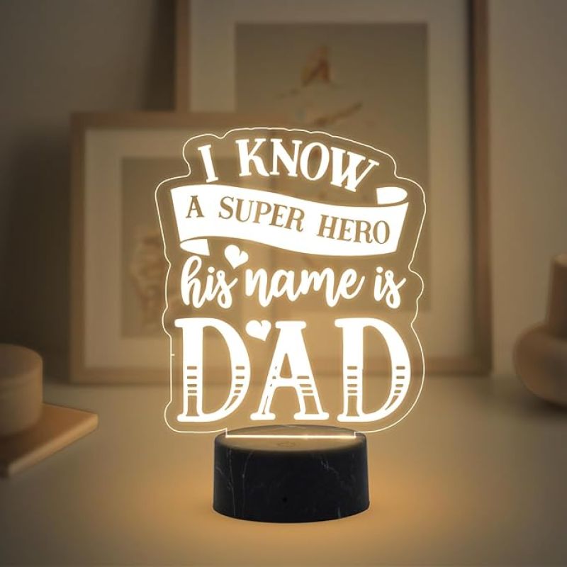 I Know a Super Hero His Name is Dad Engraved night lamp with Warm White Light  Best Gift Dad from Son & Daughter | Fathers Day Gift Birthday Gift Dad Bedroom, Living Room, Kids Room Decor